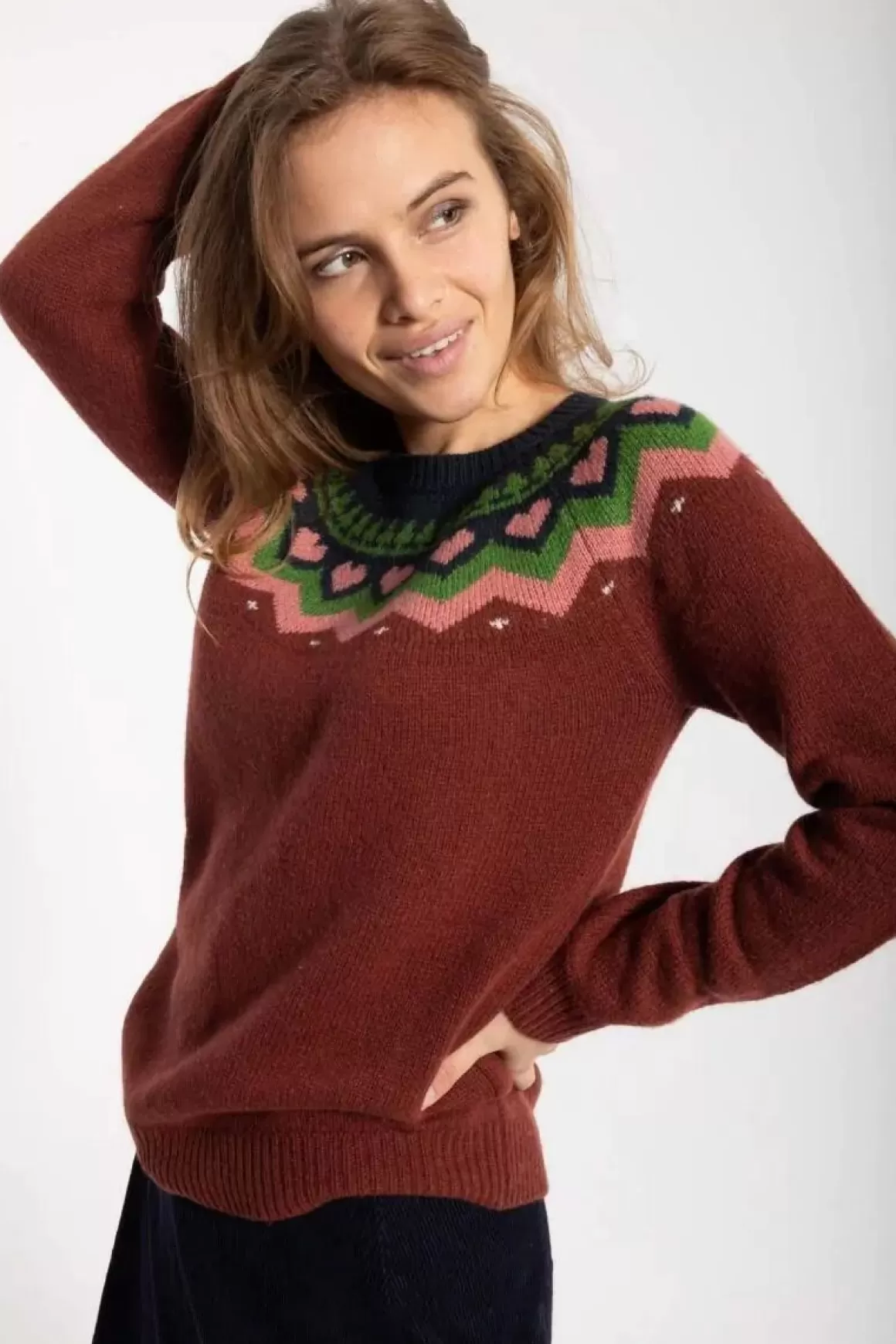 Damen Danefæ Dananne Wool Sweater Red Wine/Old Rose/Fall Jungle