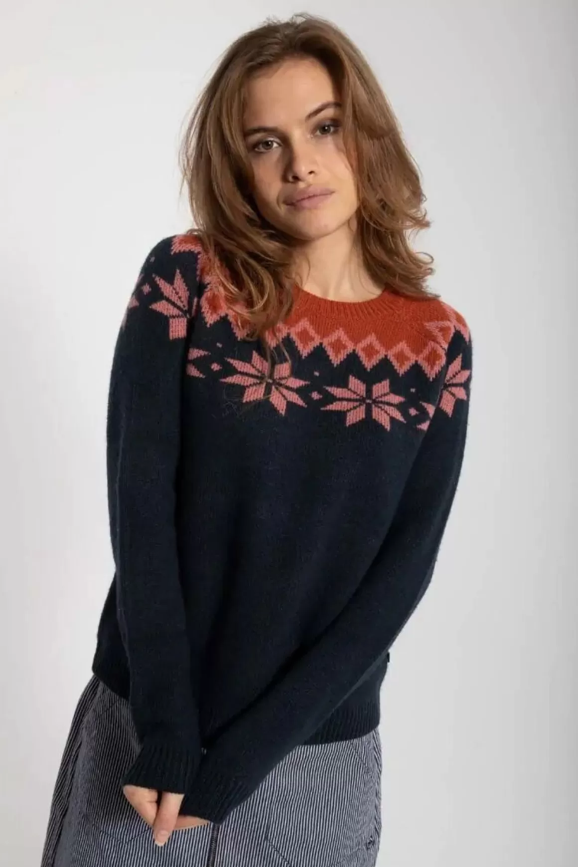 Damen Danefæ Danehytte Wool Sweater Dk Navy/Old Rose/Brick