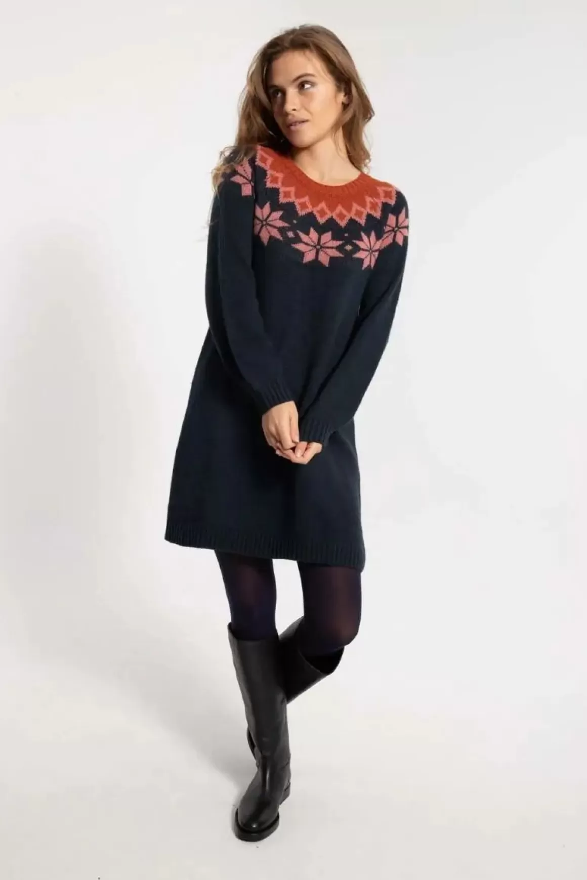 Damen Danefæ Danesukkertop Wool Sweater Dress Dk Navy/Old Rose/Brick