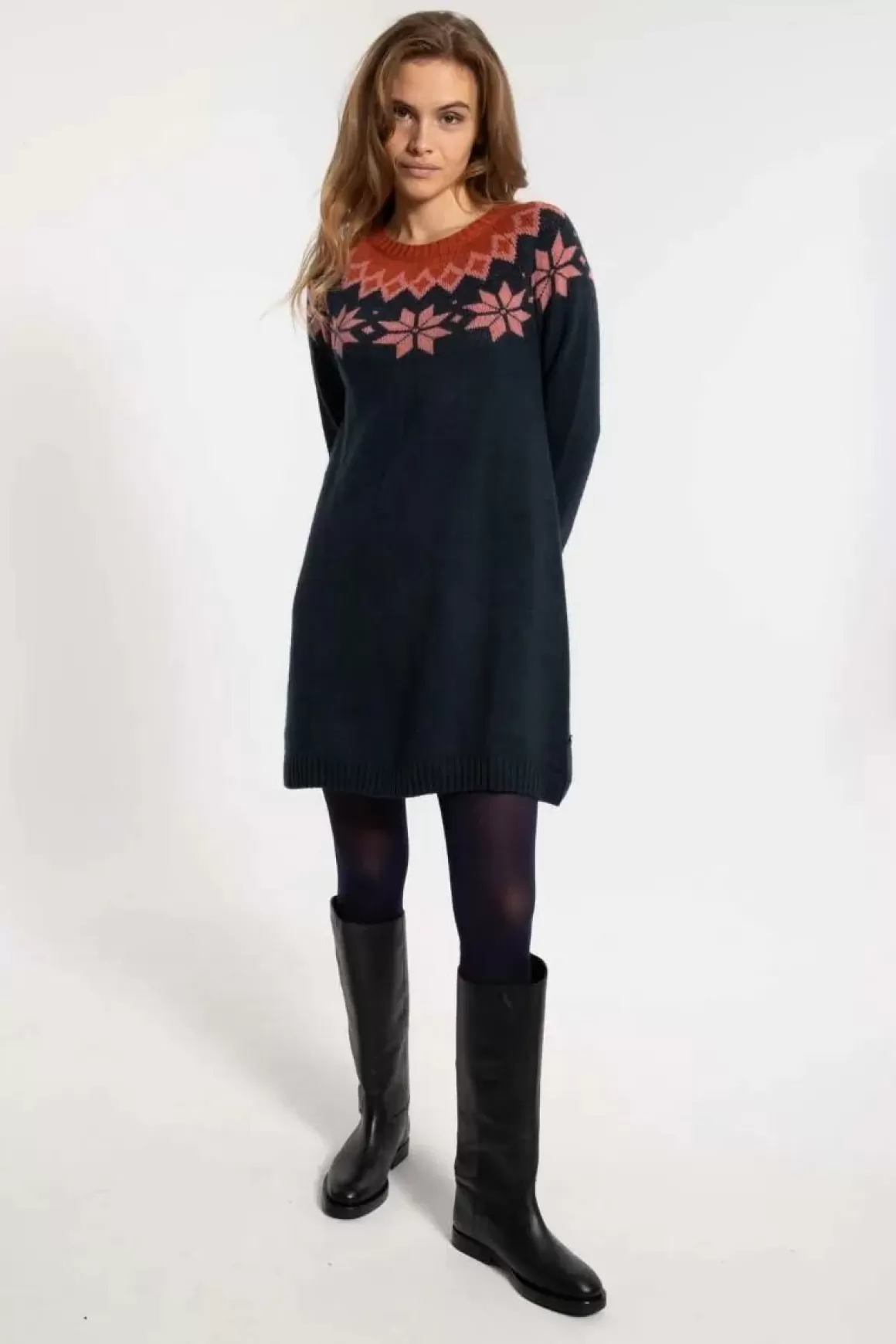 Damen Danefæ Danesukkertop Wool Sweater Dress Dk Navy/Old Rose/Brick