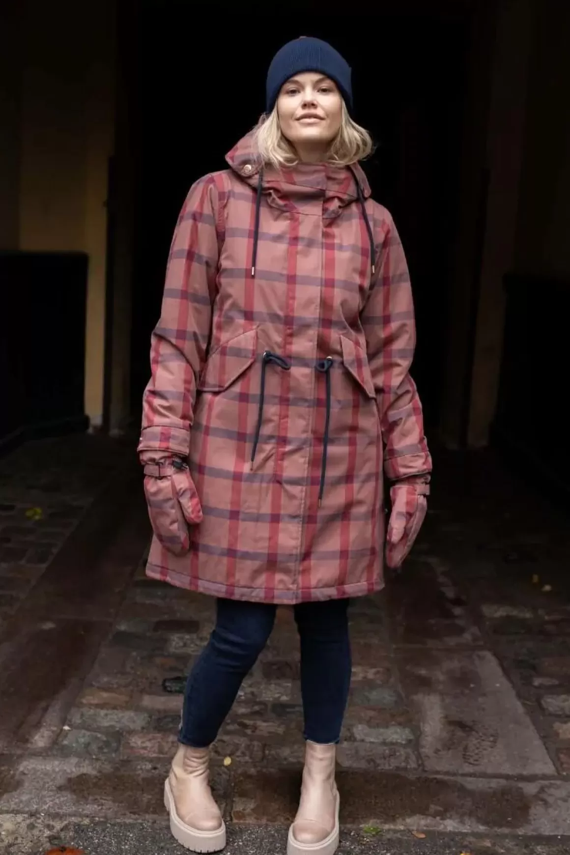 Damen Danefæ Danesvaneke Plaid Winter Parka Beige Rose/Dark Navy/Redwine